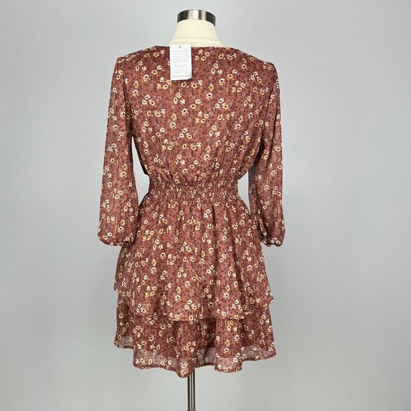 Spirit of Grace Womens Surplice Neck Smocked Floral Print Dress Brown size Large - Picture 7 of 14